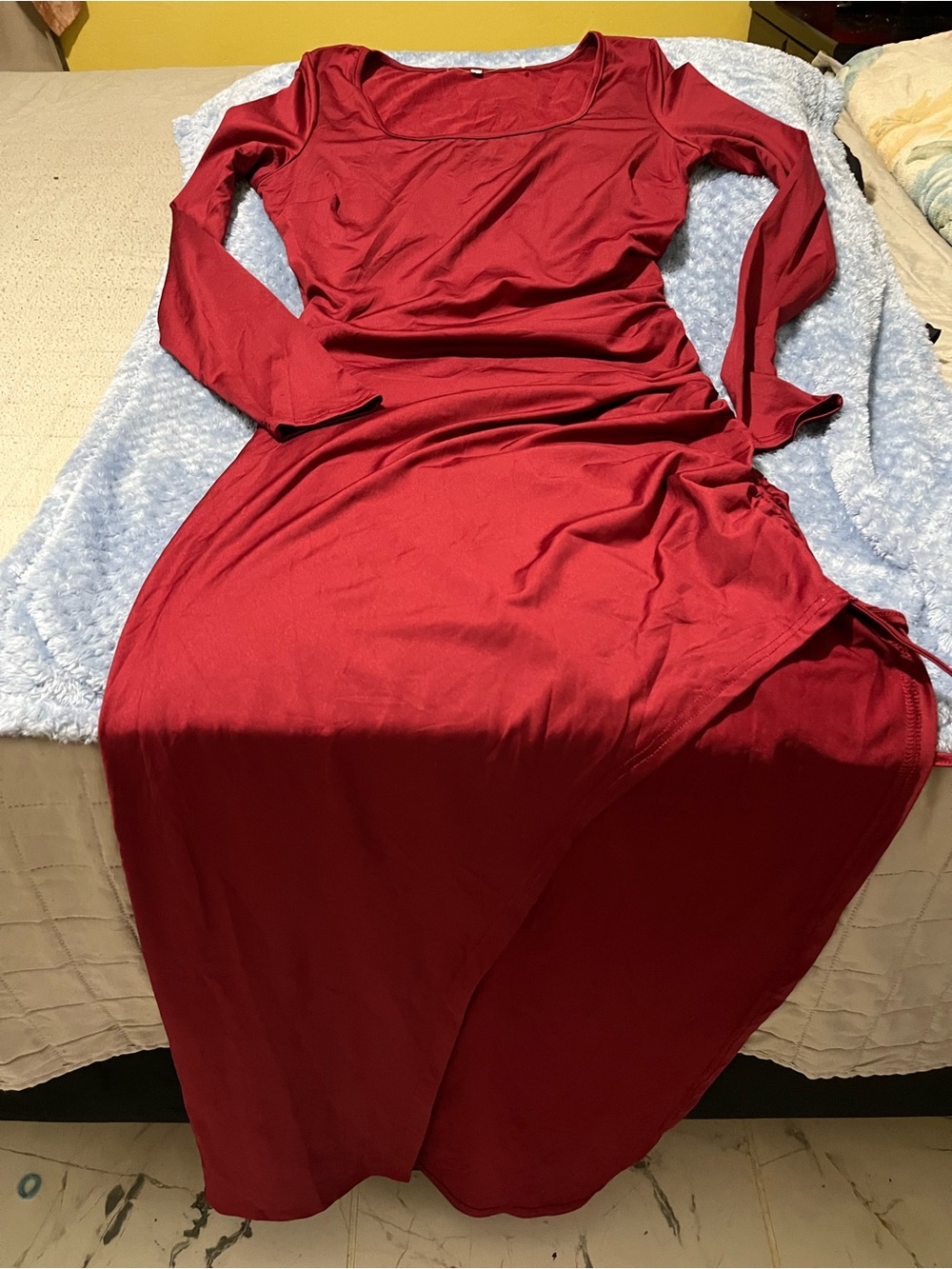Sleek Asymmetrical Red Maxi Dress with Long Sleeves